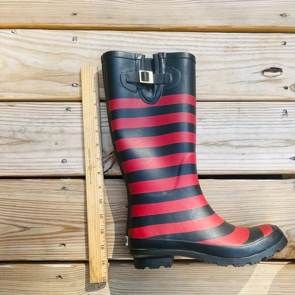 NWT Lillybee Black Red Striped Waterproof Rain Boots Women's  Size 6